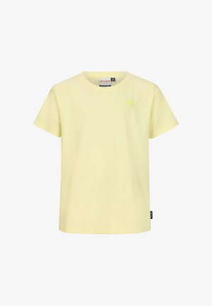 Hellgelbes T-Shirt mit kurzen Ärmeln und Rundhals, kleines Logo auf der linken Brust und Markenetikett an der Seitennaht.