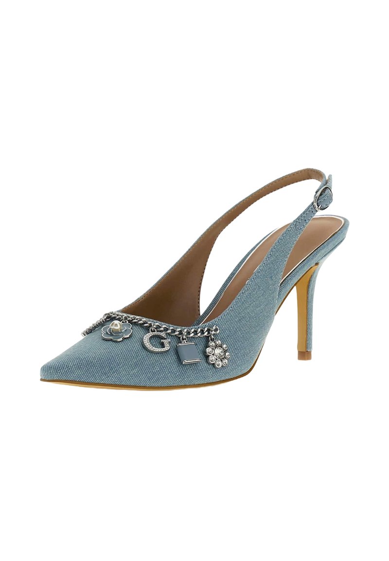 Blue denim slingback pump with pointed toe, embellished chain and charms, featuring a stiletto heel and textural fabric detail.