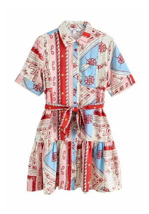 Kurzärmeliges Hemdkleid mit Kragen, Taillengürtel, Brusttasche und mehrfarbigen roten, rosa, blauen und cremefarbenen Kompass- und Paisley-Mustern.