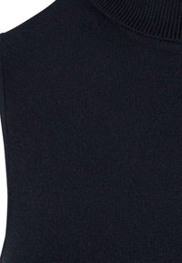 Pull en col roulé bleu marine foncé avec une texture tricotée douce et un col côtelé, sans motifs ni accessoires visibles.