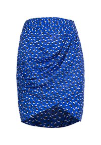 Blauwe luipaardprint rok met gerimpeld textuur, asymmetrische zoom en een gladde stof met een glanzende afwerking.