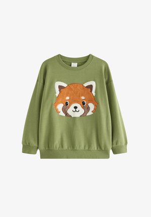 Grøn sweatshirt med lange ærmer med ribbet manchet og kant, med stort tekstureret rødt pandaansigt foran.