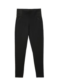 Pantaloni neri realizzati in tessuto elasticizzato, caratterizzati da una texture liscia, vita alta e design slanciato con due tasche frontali.