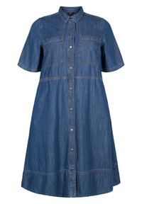 Denimmekko lyhyillä hihoilla, nappisuljenta edessä, kaksi rintataskua ja löysä A-linjainen muoto; siinä on kontrastiväriset tikkaukset ja tummansininen väri.