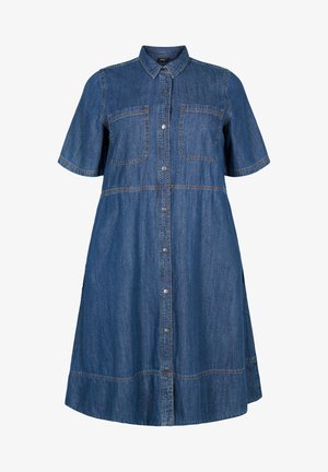 Denimkleid mit kurzen Ärmeln, Knopfleiste, zwei Brusttaschen und einer lockeren A-Linie; zeichnet sich durch Kontrastnähte und eine dunkelblaue Farbe aus.