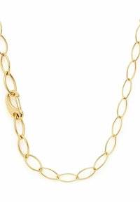 Guldkedja som har avlånga ovala länkar, en jämn yta och en säker låsning. Enkel design med en polerad yta.