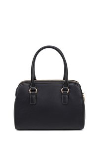 Black leather handbag with two top handles, zip closure, and gold-tone hardware. Rounded shape with textured finish and side zipper detail.