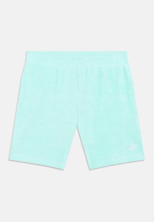 Világoskék, elasztikus derékpántú rövidnadrág finom textúrával és egy kis fehér hímzett logóval a bal alsó lábrészen.