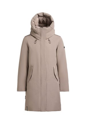 Helle beige Winterjacke mit hohem Kragen, Reißverschluss und zwei Seitentaschen. Glattes Material mit einer leicht gepolsterten Textur.
