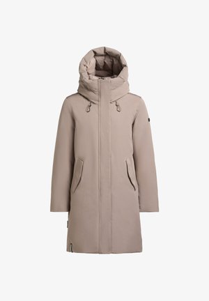 Manteau d'hiver beige clair avec un col haut, fermeture éclair et deux poches latérales. Matériau lisse avec une texture légèrement rembourrée.