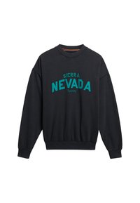 Sudadera negra con la inscripción "SIERRA NEVADA" en letras color teal. Cuello redondo, mangas largas, puños y dobladillo acanalados. Textura de tela suave.