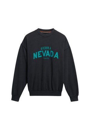 Black sweatshirt featuring "SIERRA NEVADA" in teal lettering. Crew neck, long sleeves, ribbed cuffs and hem. Soft fabric texture.