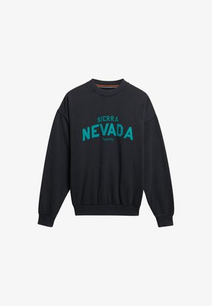 Black sweatshirt featuring "SIERRA NEVADA" in teal lettering. Crew neck, long sleeves, ribbed cuffs and hem. Soft fabric texture.
