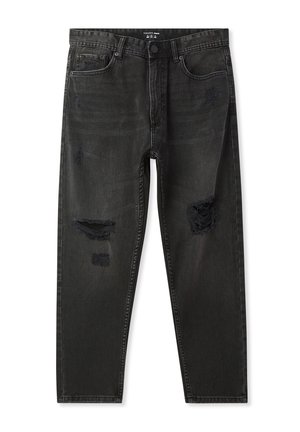 Jeans neri sfilacciati con evidenti strappi intorno alle ginocchia, vestibilità dritta, cinque tasche e chiusura con bottone in vita.