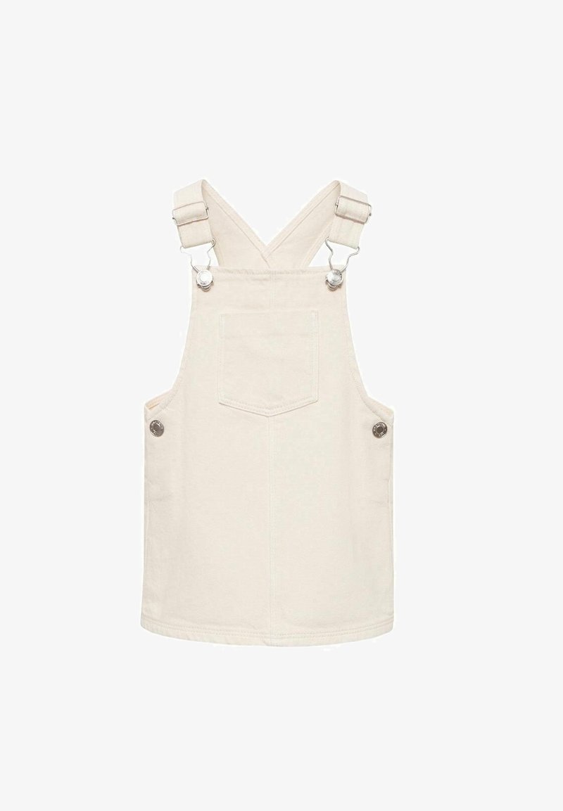 Bež haljina iz bombažnih tregerskih hlača z širokimi naramnicami, kovinsko okovje, sprednji žep in gumbni detajli ob straneh. Gladka tekstura in sproščen dizajn.