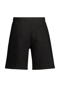 Black shorts with an elastic waistband, a single back pocket, and a smooth texture. Features a straight cut and knee-length design.