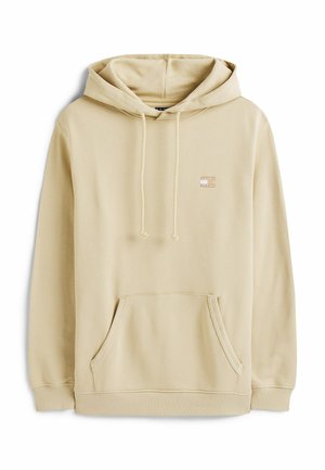 Felpa beige realizzata in tessuto morbido, con tasca frontale, cappuccio con cordini e un piccolo logo ricamato sul petto.