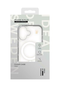 Gennemsigtig iPhone 16 Plus cover lavet af transparent materiale. Har afrundede kanter, MagSafe-kompatibilitet og genbrugsmaterialer med minimal branding.