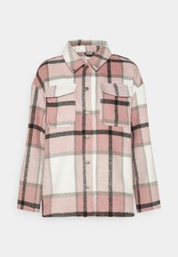 Vaaleanpunainen ja valkoinen ruudullinen kauluspaitatakki, valmistettu pehmeästä kankaasta, jossa on kaksi rintataskua, nappikiinnitys edessä ja klassinen kaulus.