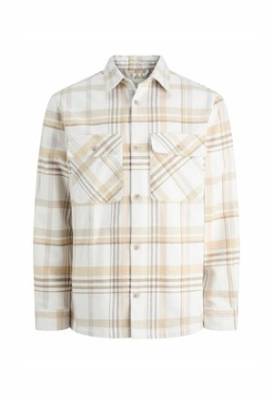 Plaid shirt in beige and white, made of soft flannel, featuring two chest pockets, button closure, and a pointed collar.
