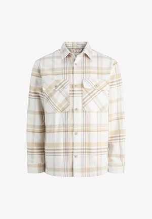 Plaid shirt in beige and white, made of soft flannel, featuring two chest pockets, button closure, and a pointed collar.