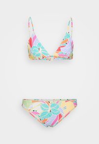 Kolorowy zestaw bikini z trójkątnym topem i mid-rise dołem. Wykonany z gładkiego materiału z żywym wzorem liści w pastelowych odcieniach.