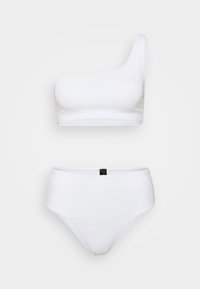 White bikini set featuring a one-shoulder top and high-waisted bottom, smooth texture, with subtle logo detail in the center.