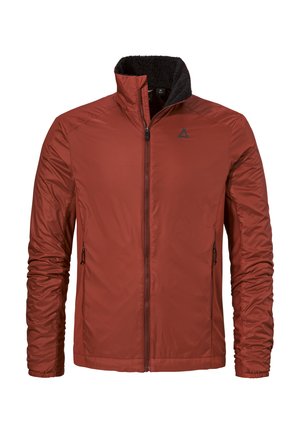 Rote leichte Jacke mit schwarzem Fleece-Kragen, Reißverschluss vorne und Seitentaschen. Verfügt über eine glatte, glänzende Außenfläche und elastische Bündchen.