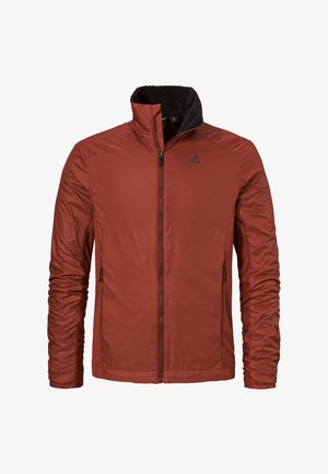 Rote leichte Jacke mit schwarzem Fleece-Kragen, Reißverschluss vorne und Seitentaschen. Verfügt über eine glatte, glänzende Außenfläche und elastische Bündchen.