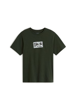 Dunkelgrünes Baumwoll-T-Shirt mit Rundhalsausschnitt und kurzen Ärmeln; verfügt über einen weißen "VANS OFF THE WALL" Grafik auf der Vorderseite.