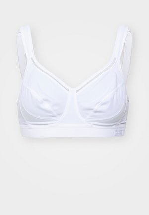 Soutien-gorge de sport blanc en tissu lisse, avec un décolleté en V, des bretelles larges et des détails géométriques subtils le long des bords.