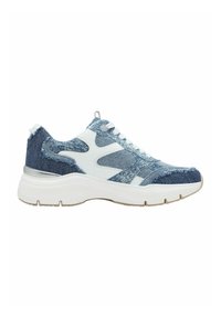 Scarpe da ginnastica blu e bianche con una tomaia in maglia testurizzata, design elegante, colletto imbottito e suola in gomma bianca con battistrada marrone chiaro.