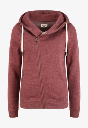 Bordeaux kleurige rits-hoodie van zacht materiaal met een fleece binnenkant, voorzien van een capuchon met trekkoord en zijzakken.