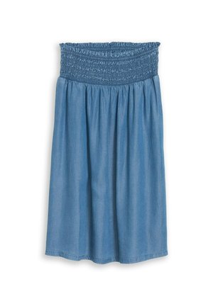 Blauer knielanger Rock mit elastischem, gerafftem Taillenbund, unter der Taille geraffter Stoff, aus leichtem Denimstoff.