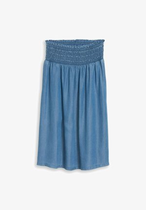 Blauer knielanger Rock mit elastischem, gerafftem Taillenbund, unter der Taille geraffter Stoff, aus leichtem Denimstoff.