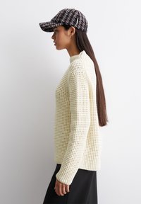 Gemusterter cremfarbener Pullover aus Strick mit einer strukturierten Musterung, kombiniert mit einer karierten Mütze in Braun- und Schwarztönen, seitlich betrachtet.