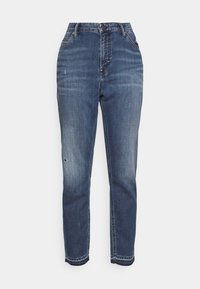 Jeans de denim en azul oscuro con una cintura alta, diseño de pierna recta y detalle de desvanecimiento sutil. Incluye costura en los bolsillos delanteros y cierre de botón.