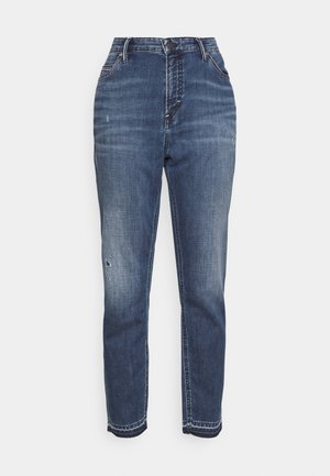 Denim jeans in dark blue with a high waist, straight leg design, and subtle fading detail. Includes front pocket stitching and a button closure.