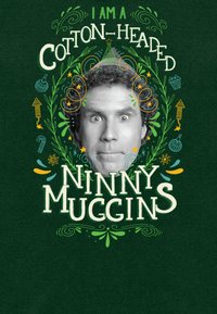 T-shirt verde con una grafica centrale del volto di una persona, circondata da testo decorativo e illustrazioni fantasiose in vari colori.