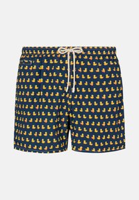 Costumi da bagno con sfondo blu navy e motivo ripetuto di anatroccoli gialli e accenti rossi su alcuni anatroccoli, dotati di vita regolabile con coulisse.