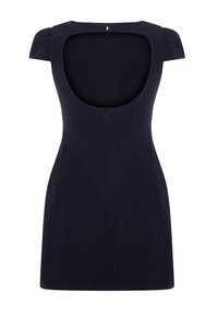Vestido azul marino con forma ajustada, escote en la espalda, mangas cortas abullonadas y una cremallera oculta en la parte posterior. Tejido suave, con detalles mínimos.