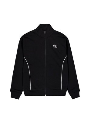 Čierna bunda na zips s vysokým golierom, ozdobená bielymi lemovaním pozdĺž švov a malým logom na hrudi. Mäkka textúra látky.