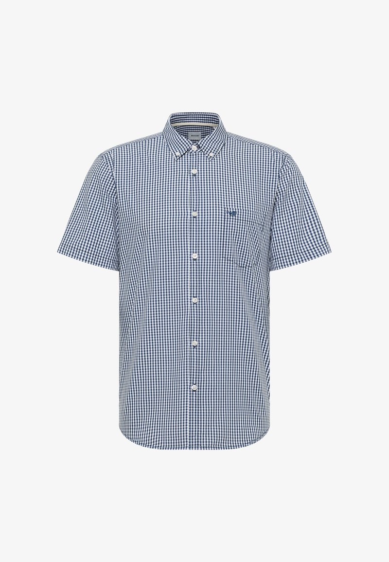Chemise à manches courtes à boutons avec un motif vichy bleu et blanc, tissu à texture lisse, et une poche poitrine sur le côté gauche.