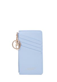 Lichtblauwe neplederen portemonnee met gouden accenten, voorzien van kaartsleuven, een ritsvak en een sleutelhangerlus. De tekst luidt "DIANA&CO FIRENZE."