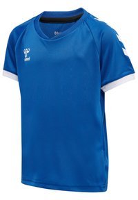 Blå idrottströja av slät polyester, med rund krage, vita detaljer på ärmarna och Hummel-logotypen på framsidan.