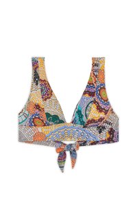 Färgglad bikiniöverdel med en triangular design, som har intrikata mönster av blommor och virvlar, samt knytning i ryggen för justerbar passform.