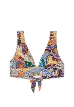 Multicolored bikini top with a triangular design, featuring intricate patterns of flowers and swirls, and a tied back for adjustable fit.