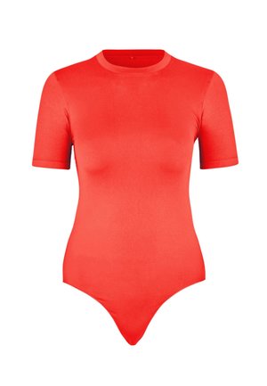 Rotes, kurzärmeliges, figurbetontes Bodysuit mit rundem Ausschnitt und hoch geschnittenen Beinöffnungen.