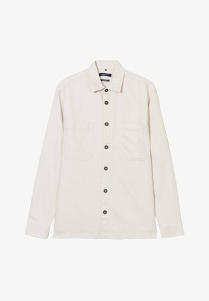 Helle beige Langarmbluse aus Baumwolle mit durchgehender Knopfleiste, zwei Brusttaschen und dunklen Knöpfen für den Kontrast.