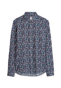 Marineblauw overhemd met lange mouwen en een bloemenprint in roze en blauwe tinten. Voorzien van een knoopsluiting kraag en een gebogen zoom. Gemaakt van een katoenmix.